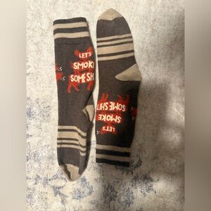 Brown and Beige Socks with Red Text